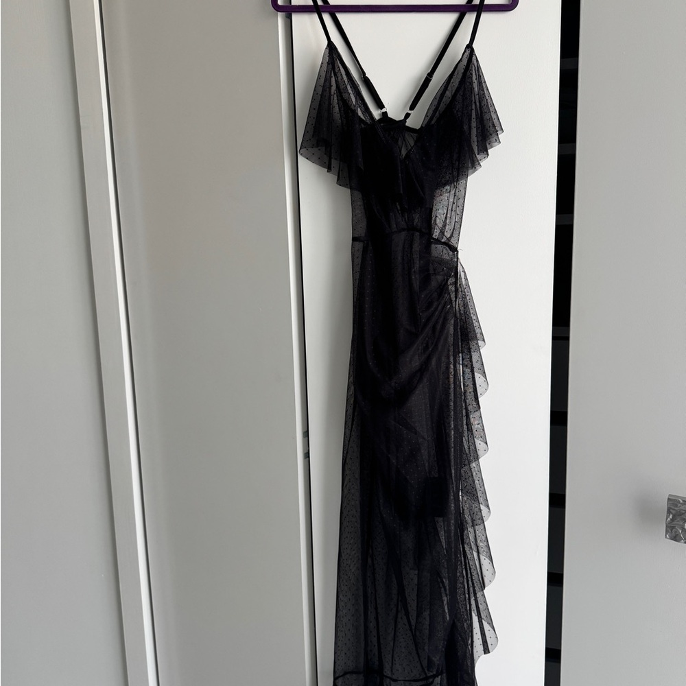 Sheer Black Polka Dot Tulle Ruffle Dress | Sexy Stage / Latin Dance Night Dress